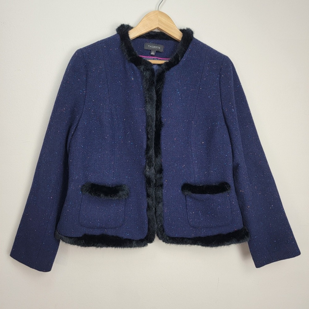 Talbots Faux Fur Trimmed Navy Speckled Wool Blend Jacket Blazer Womens 14